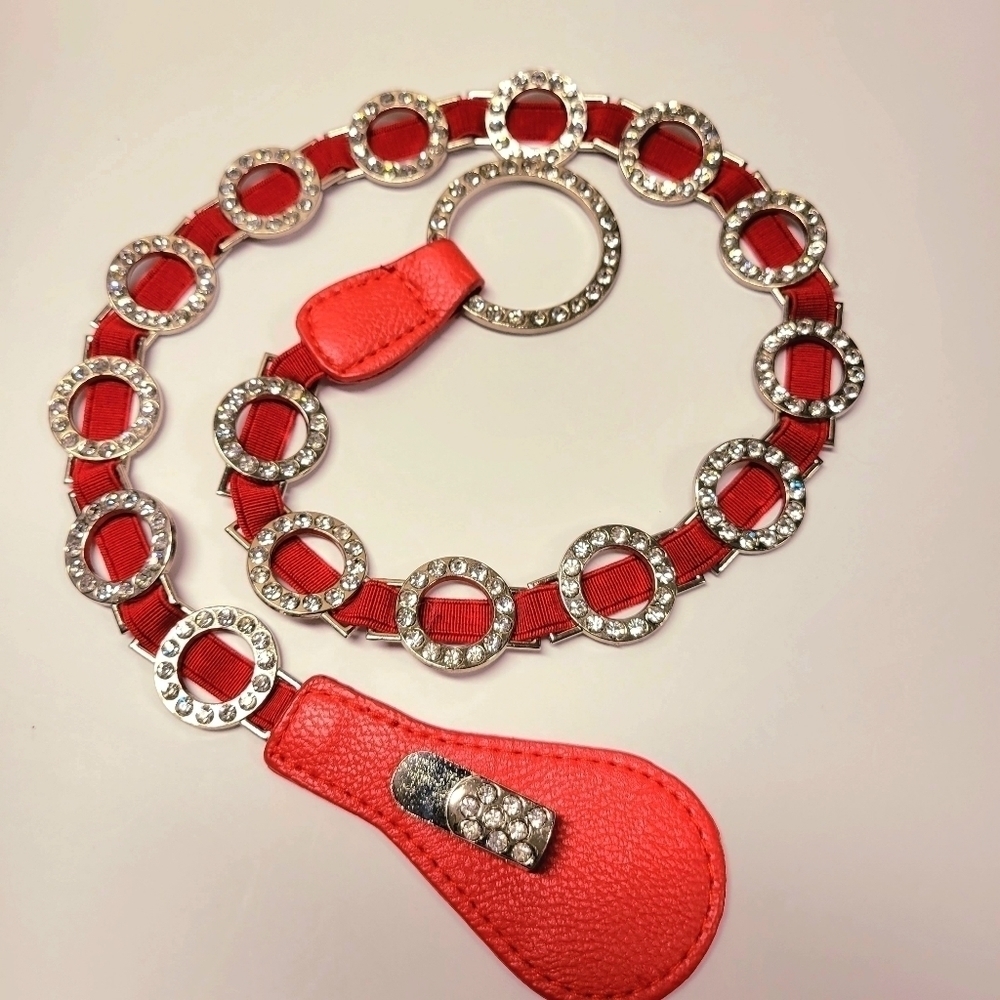 WOMENS Red Stretch Belt Bling Crystals Buckle Elasticized Band Belt